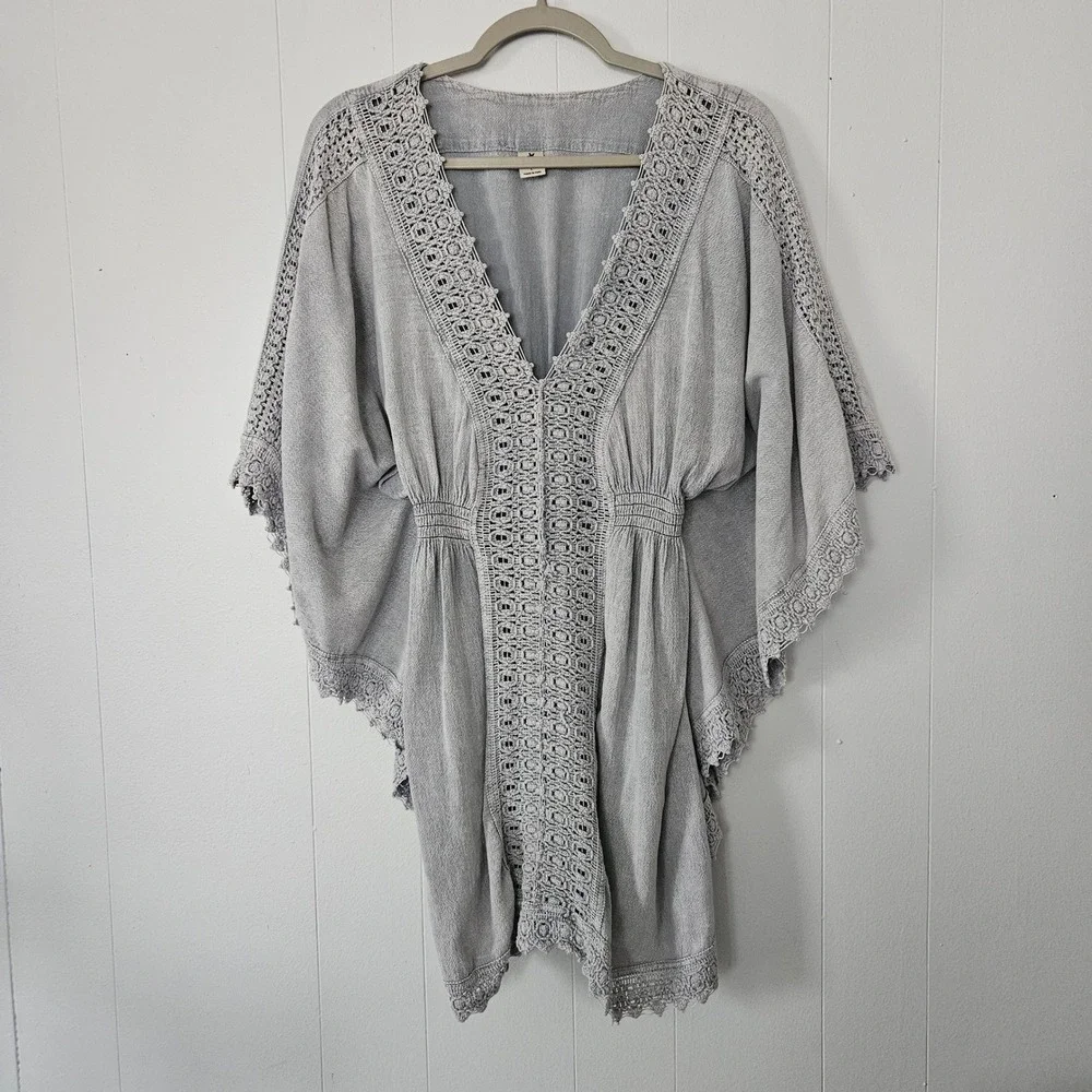 Crochet Tunic Beach Cover Up Women L Boho Kaftan Cotton - Picture 2 of 7